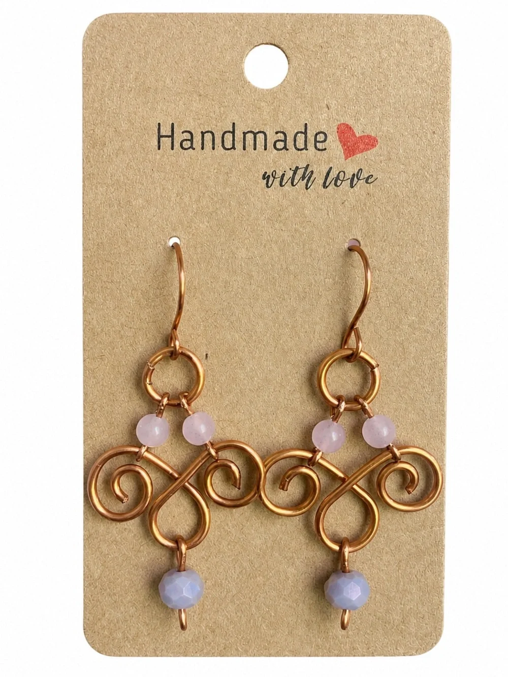 Hand Crafted Copper Swirl Earrings with Lavender and Pink Beads